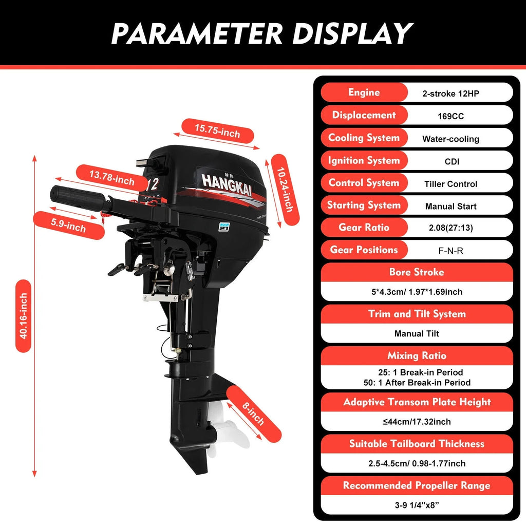Outboard Motor, 2 Stroke 12 hp 169cc Heavy Duty Craft Engine Fishing Watercraft Motor w/CDI System Water Cooling System (2 Stroke 12 hp)