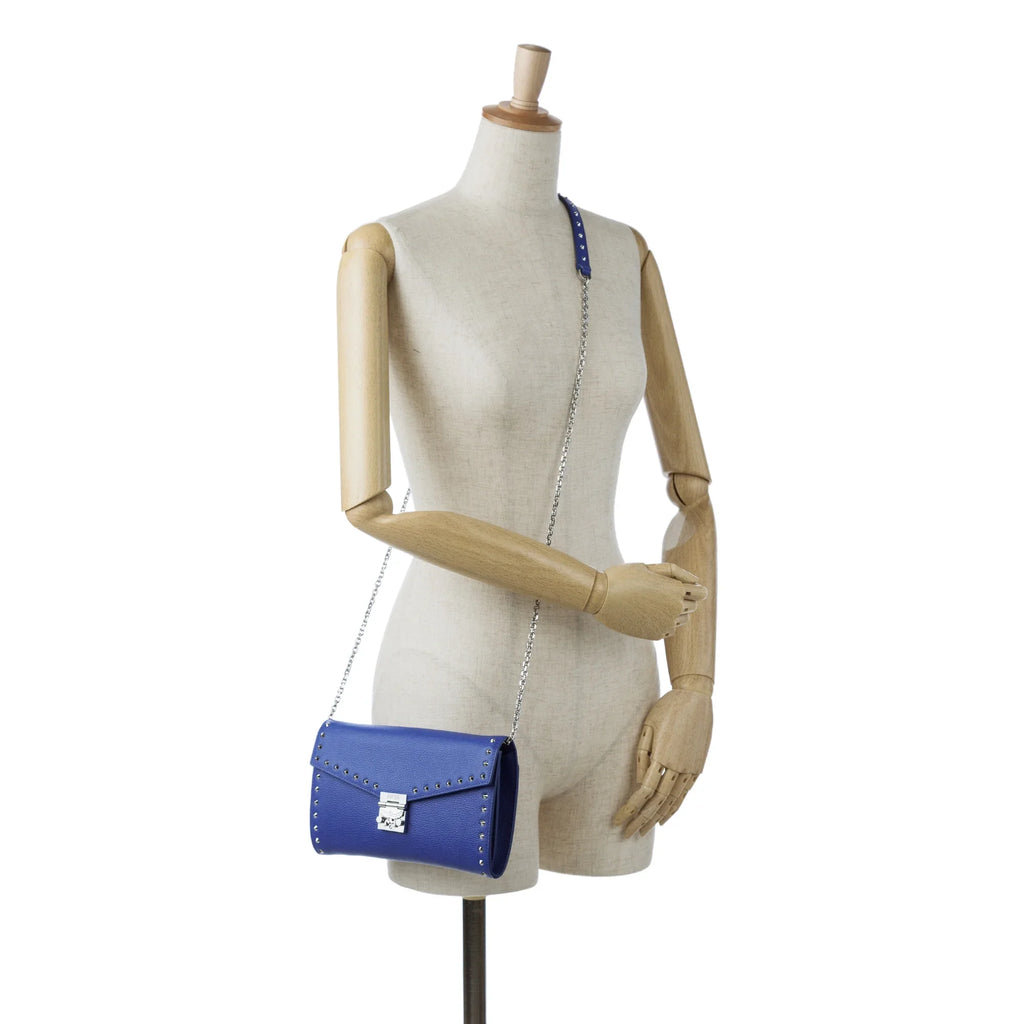 Pre-Owned Authenticated MCM Studded Patricia Wallet on Chain Calf Leather Blue Crossbody Bag Unisex (Good)