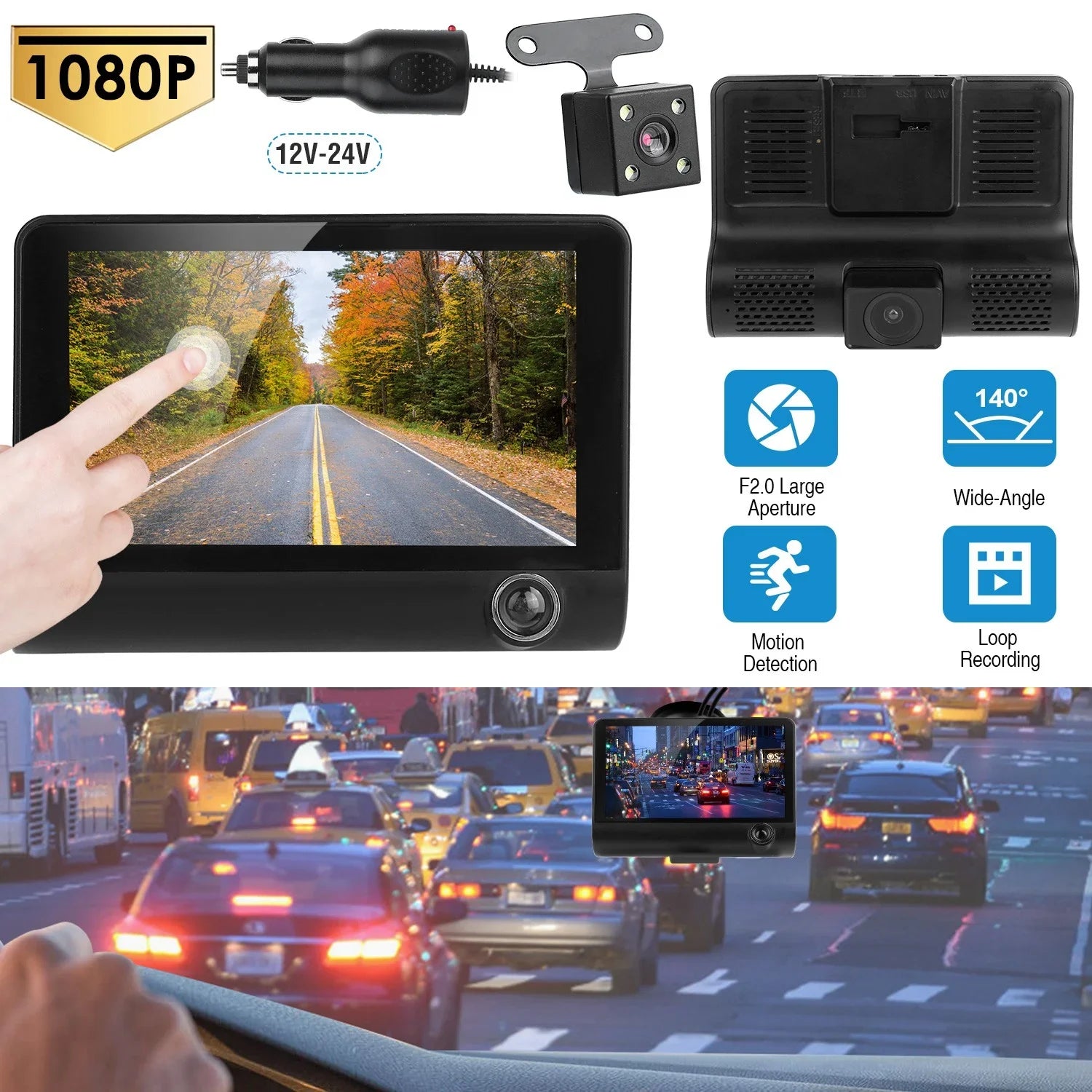 iMounTEK Dashboard Camera FHD 1080P 4in Touch Screen Car DVR Dash Camera 3 Lens Vehicle Driving Recorder Seamless Loop Recording with 19.68ft Rear Camera Wire, Black