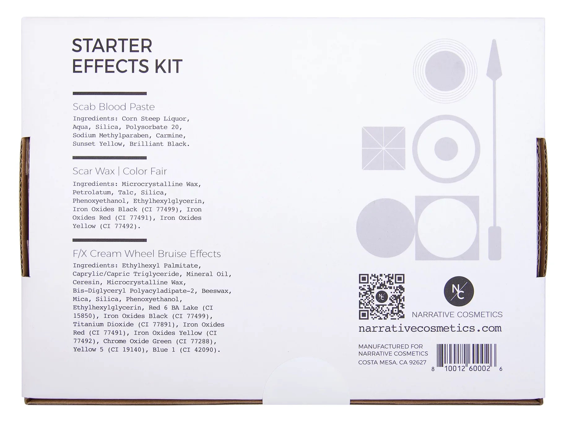 Narrative Cosmetics Starter Effects Kit - 6 Color Bruise Wheel, Scar Wax with Double Sided Spatula, Scab Blood Paste, and Foam Makeup Sponge Block - Perfect for Special FX and Theatrical Makeup