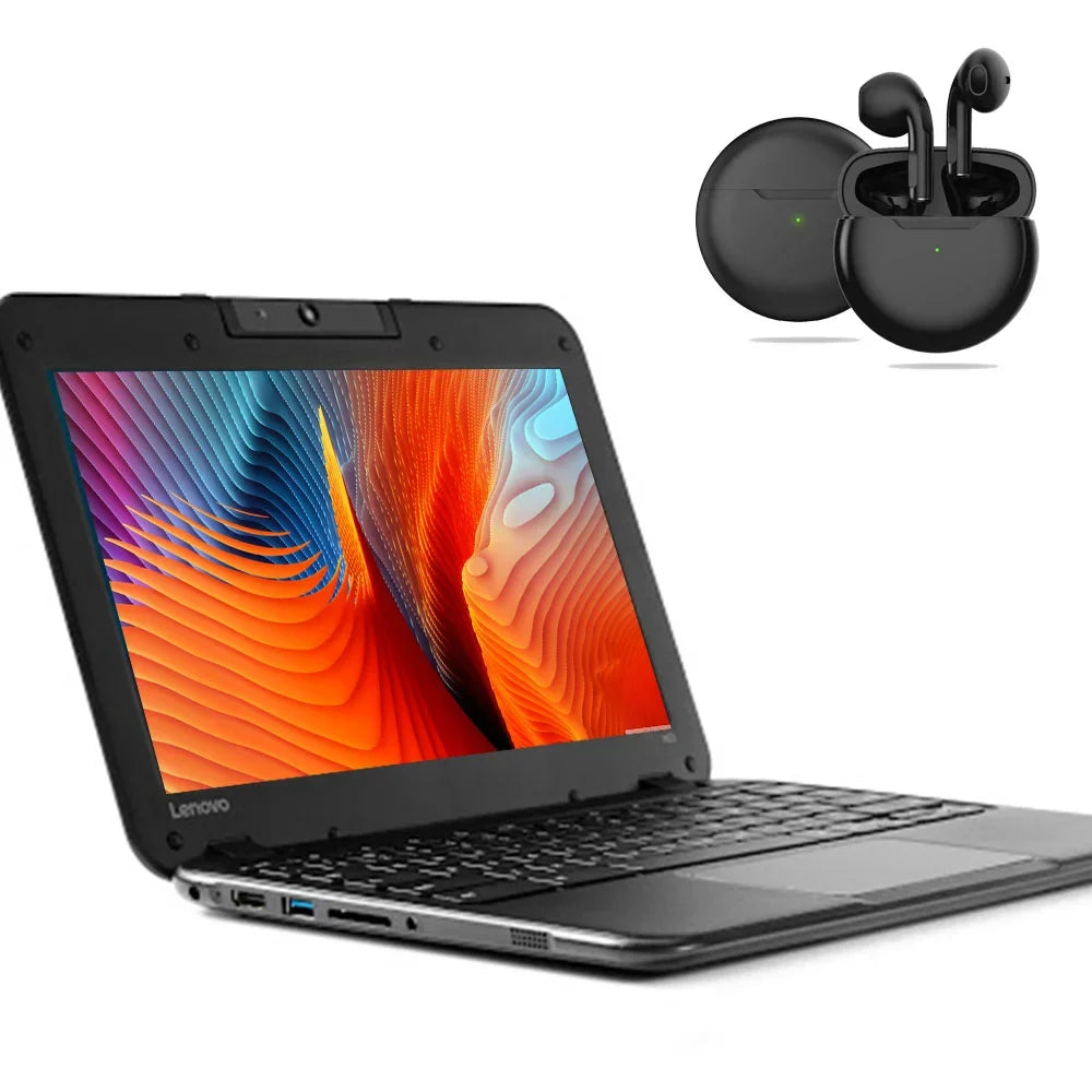 Lenovo N22 Chromebook 11.6 inch Intel Processor/ 4GB Memory/ 16GB eMMC Storage/ USB3.0/ Bluetooth/ Wi-fi/ Webcam with Pro 6 Wireless Earbuds Chrome Notebook