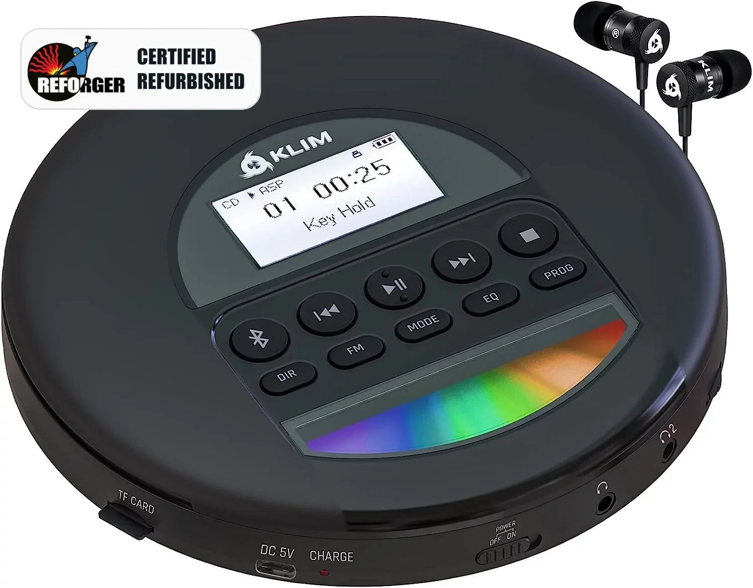 Pre-Owned KLIM Nomad Portable CD Player Discman with Fusion Headphones, Rechargeable Battery, MP3, TF Card, AM FM Radio, Bluetooth- Perfect for Cars, Black (Refurbished: Good)