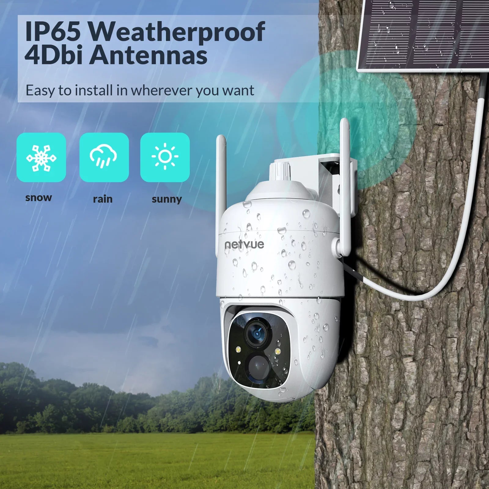 NETVUE Solar Security Cameras Wireless Outdoor 3MP Camera 2.4G WiFi 360° View PTZ. Strobe Light/Spotlight Home Security System with Motion Detection and Siren