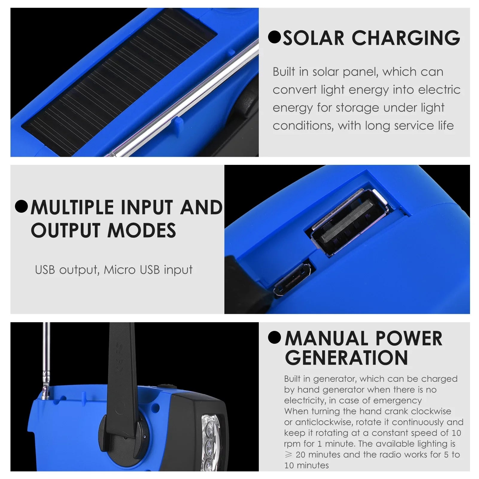OWSOO Hand Crank Solar Climate AM / / NOAA Climate Rechargeable Portable Bank with Solar Charging & Hand Crank & Battery Operated Flashlight Cell Reading Lamp for Camping Hiking Adve