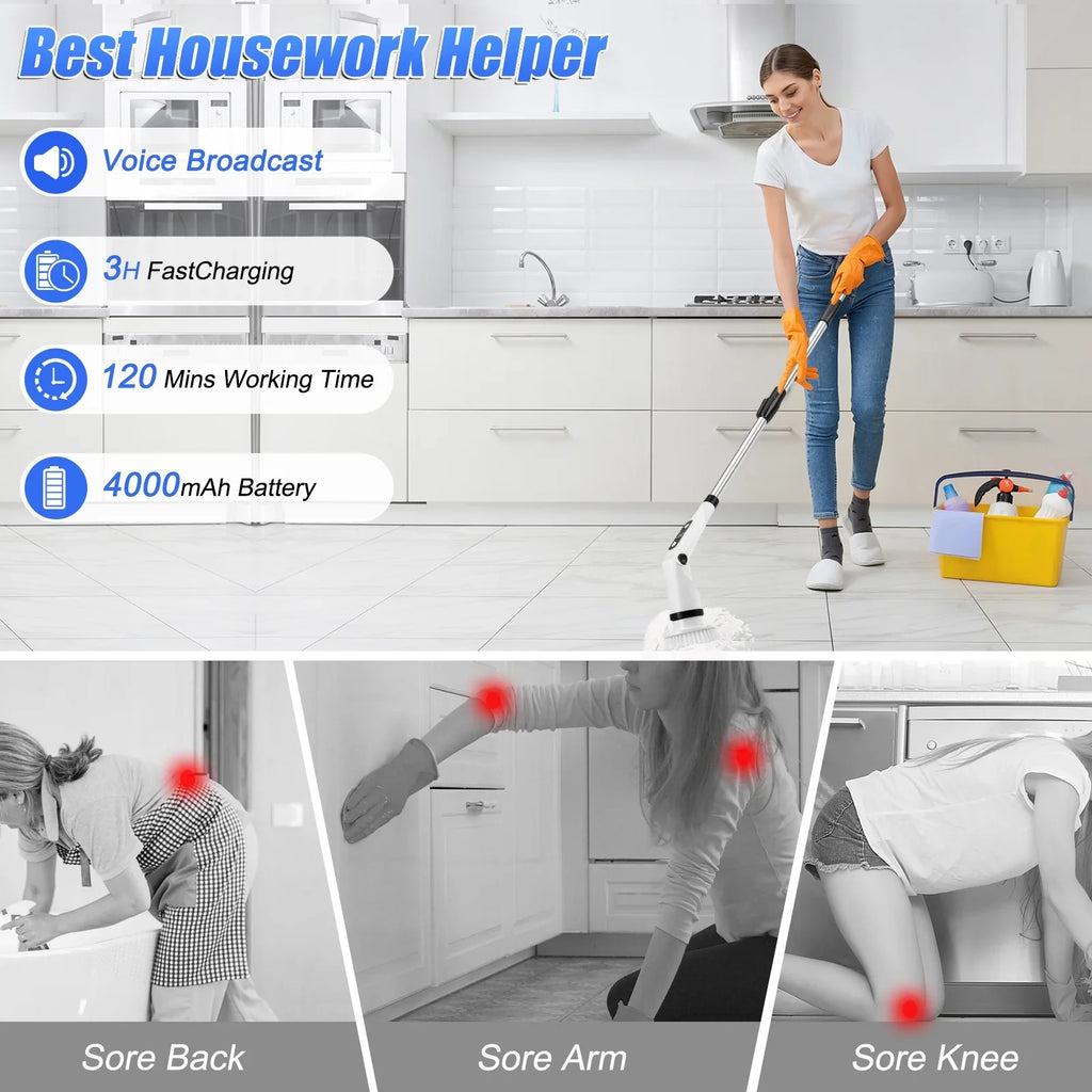 Electric Spin Scrubber, WLRETMCI Cordless Cleaning Brush with 8 Brush Heads,Shower Scrubber with Long Handle Household Cleaning Brushes for Bathroom Tub Tile Kitchen Floor Car