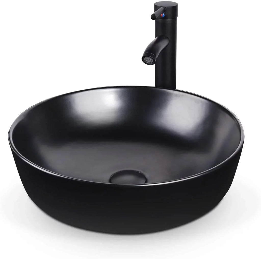 PULUOMIS Artistic Porcelain Ceramic Vessel Sink Basin Washing Bowl Set Cabinet Countertop Sink with Chrome Faucet Pop-up Drain and Water Pipe Lavatory