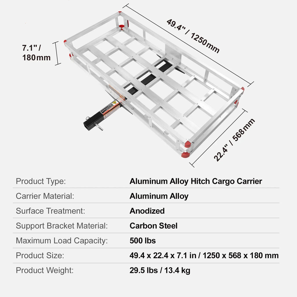 BENTISM Hitch Mount Cargo Carrier 47 x 20 x 6 in 500lb Aluminum Durable Fits 2" Receiver Cargo Basket for SUVs Sedans Vehicles