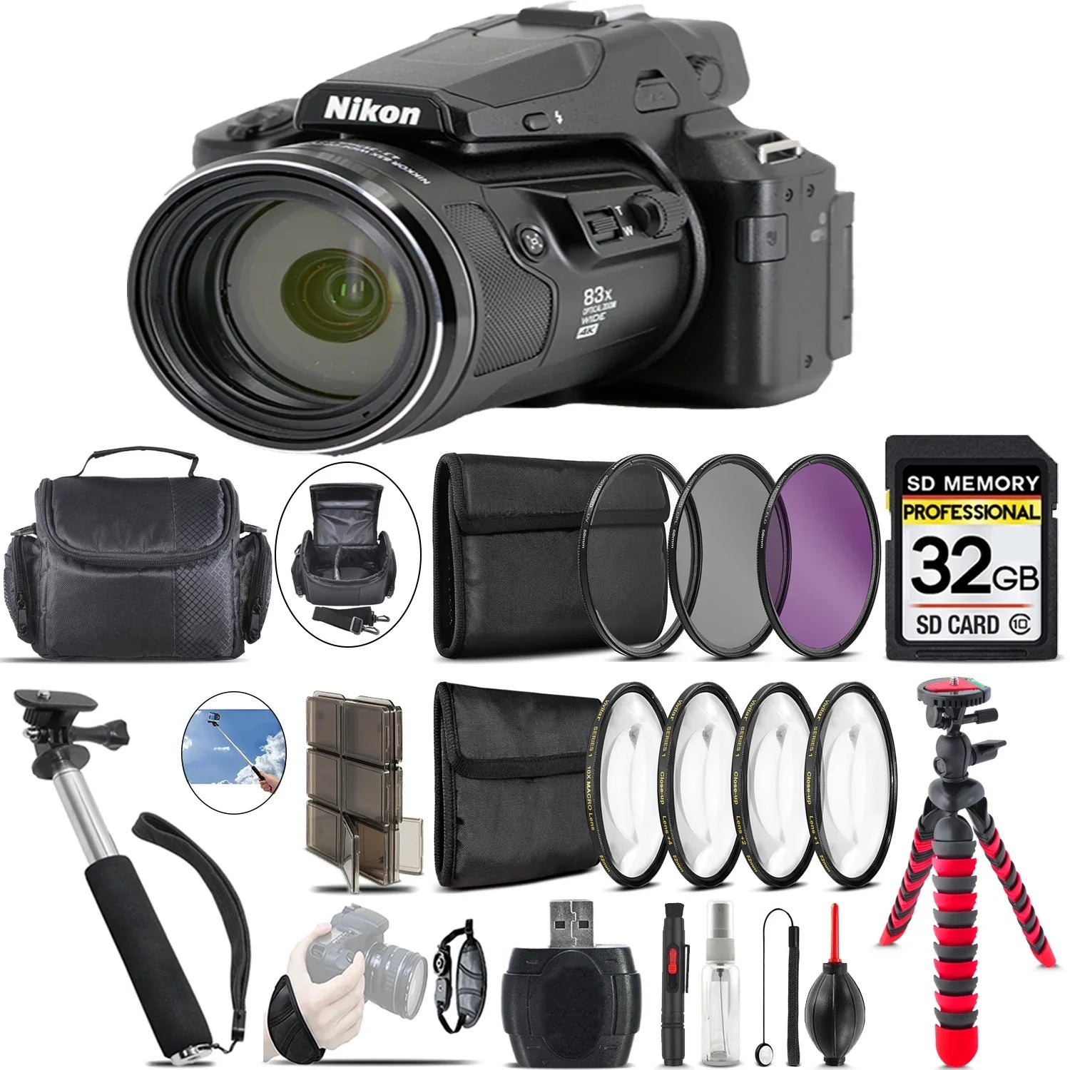 Nikon COOLPIX P950 Digital Camera + Spider Tripod + Case - 32GB Bundle
