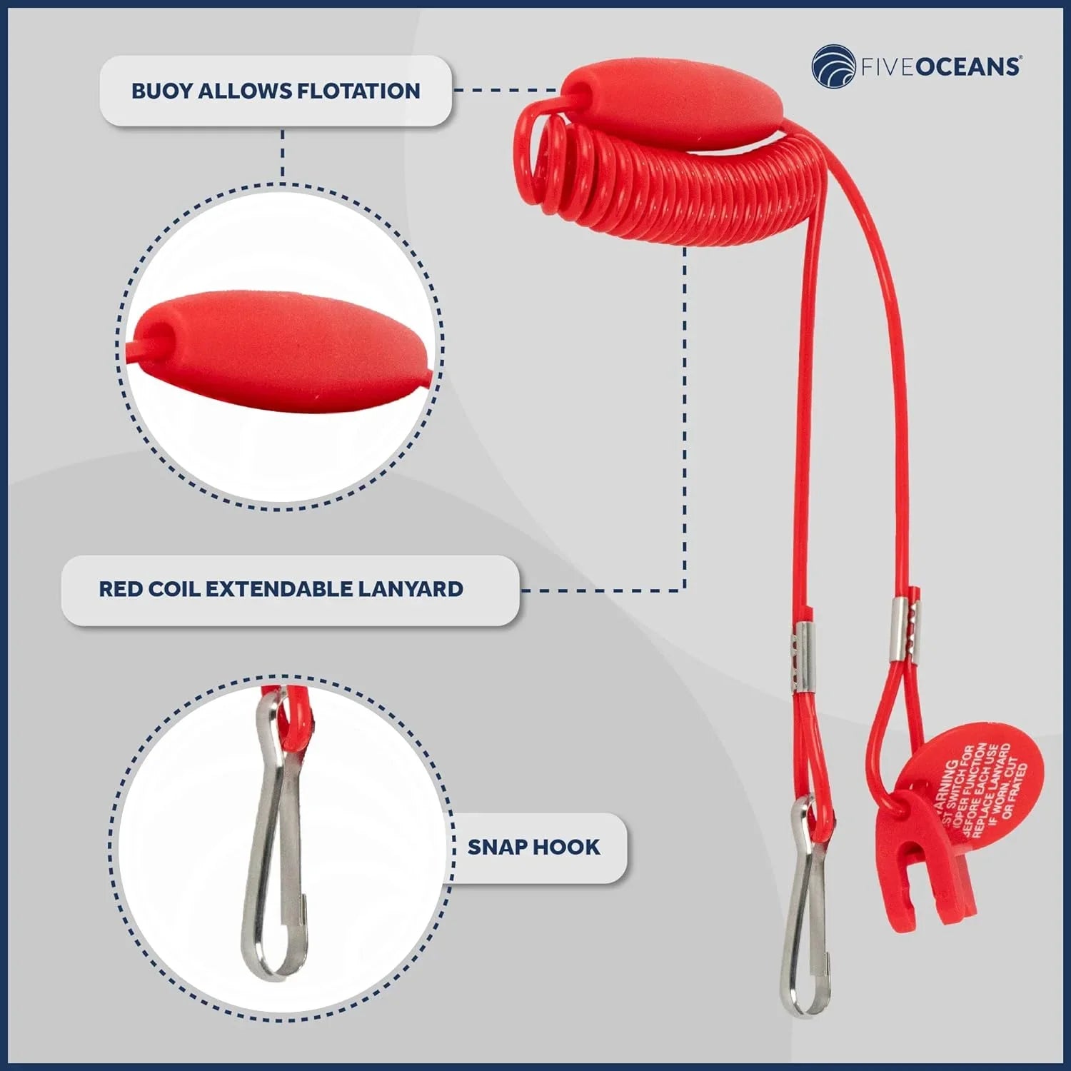 Five Oceans Marine Universal Emergency Cut-Off Switch, Kill Switch, Engine Shut-Off Switch 12VDC, Coil Extendable Lanyard, Snap Hook and Red Buoy, for Jet Ski, Inflatable Craft ATVs - FO1518