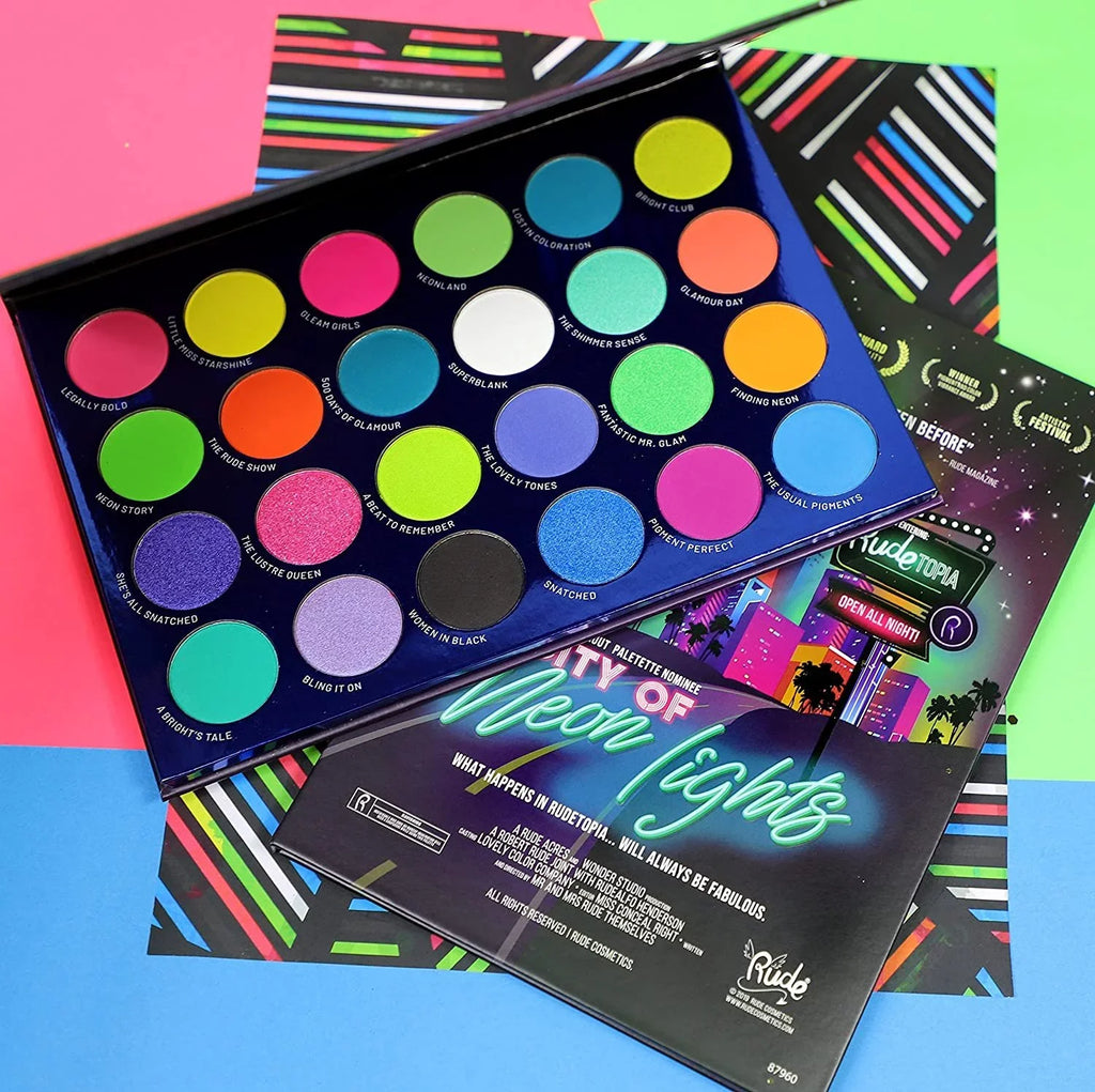 Rude Cosmetics City of Neon Lights - 24 Vibrant Pigment and Eyeshadow Palette , 0.63 oz Eye Shadow