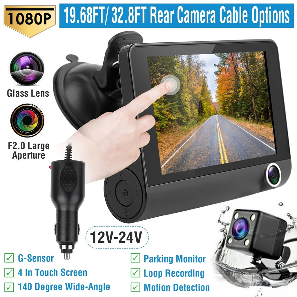 iMounTEK Car Recorder, FHD 1080P 4in Touch Screen Car DVR Dash Camera 3 Lens Vehicle Driving Recorder Seamless Loop Recording with 32.8ft Rear Camera Wire, Black
