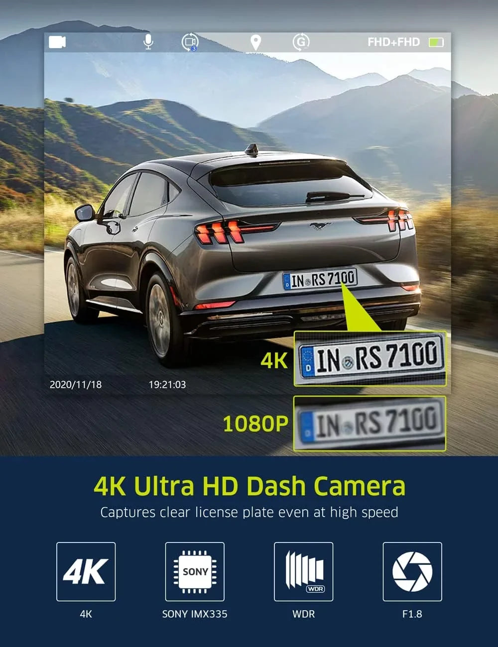 TOGUARD UHD 4K WiFi GPS Dash Cam, IR Night Vision Dash Camera Front and Inside Car Camera with 64GB Card