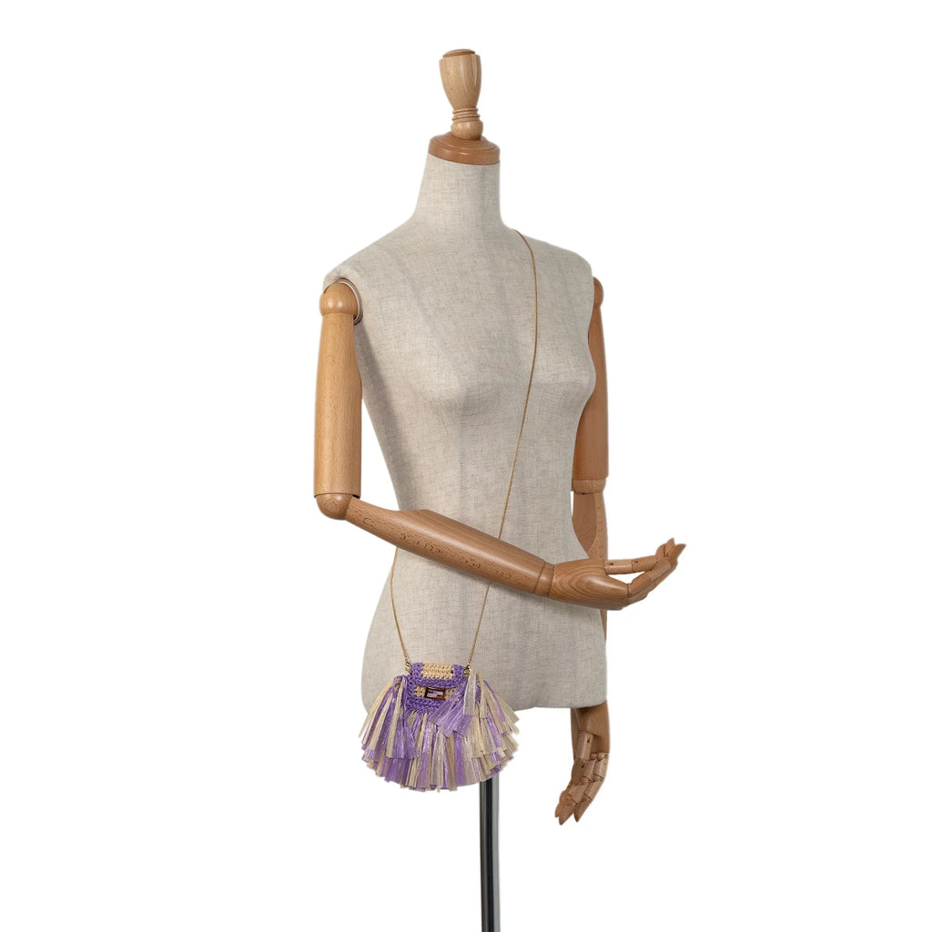 Pre-Owned Authenticated Fendi Intreccio Pico Baguette Raffia Natural Material Purple Crossbody Bag Unisex (Good)