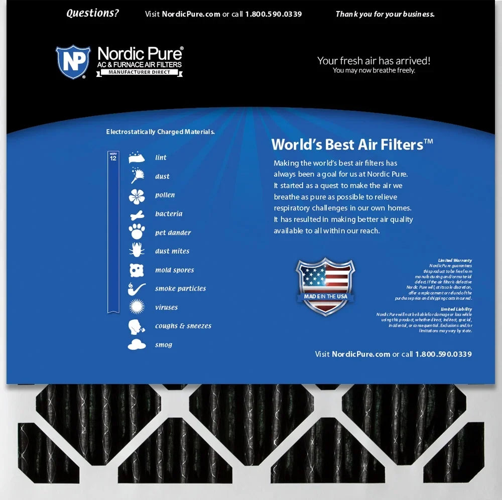 Nordic Pure 20x20x2 Pleated Air Filters MERV 12 Pleated Plus Carbon 12 Pack