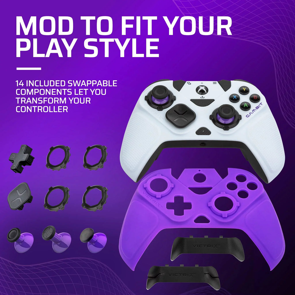 PDP Gaming Victrix Gambit World's Fastest Xbox Controller, Elite Esports Design with Swappable Pro Thumb Sticks, Custom Paddles, Swappable White/Purple Faceplate for Xbox Series X