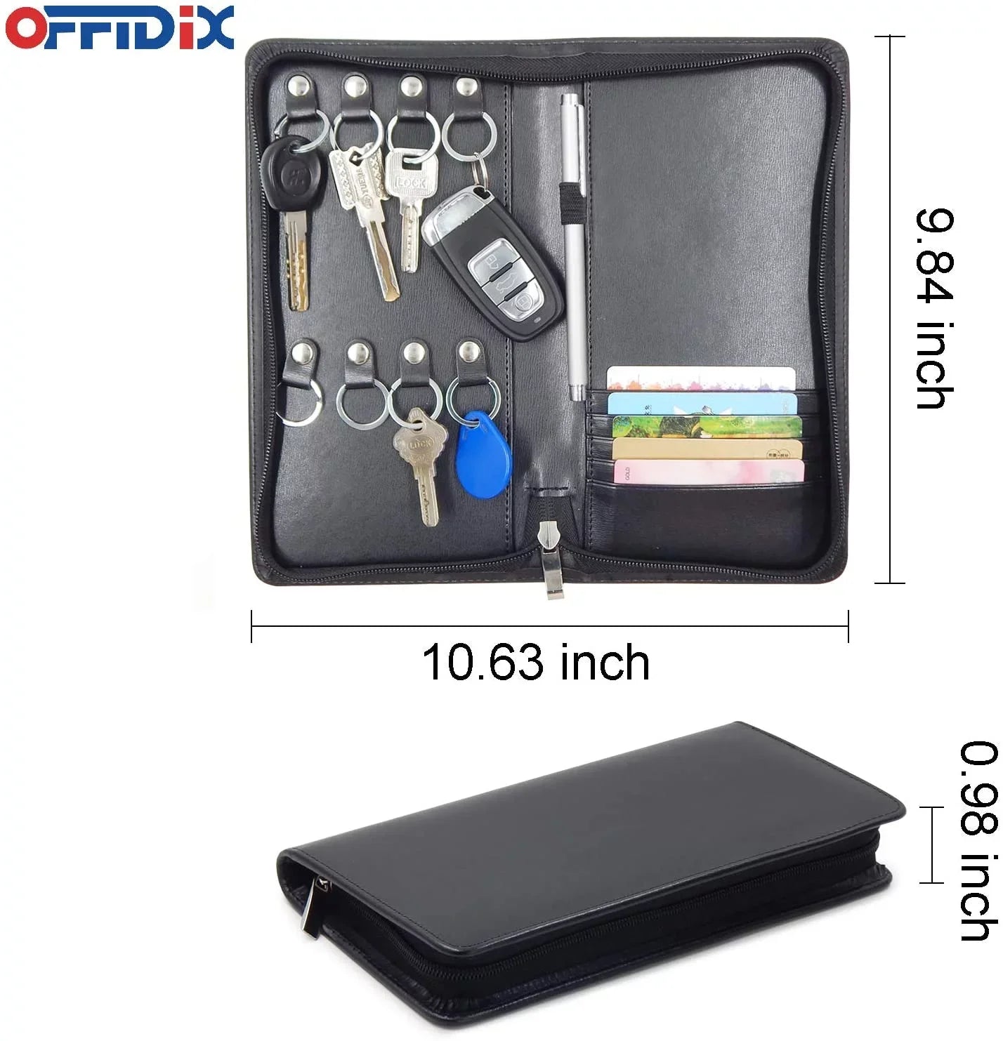 OFFIDIX PU Leather Portable Key Cabinet,8-Key Hooks Portable Zippered Key Case Menus Card Organizer Holder Business Padfolio for Real Estate Sales,Hotel Executives, Car Service