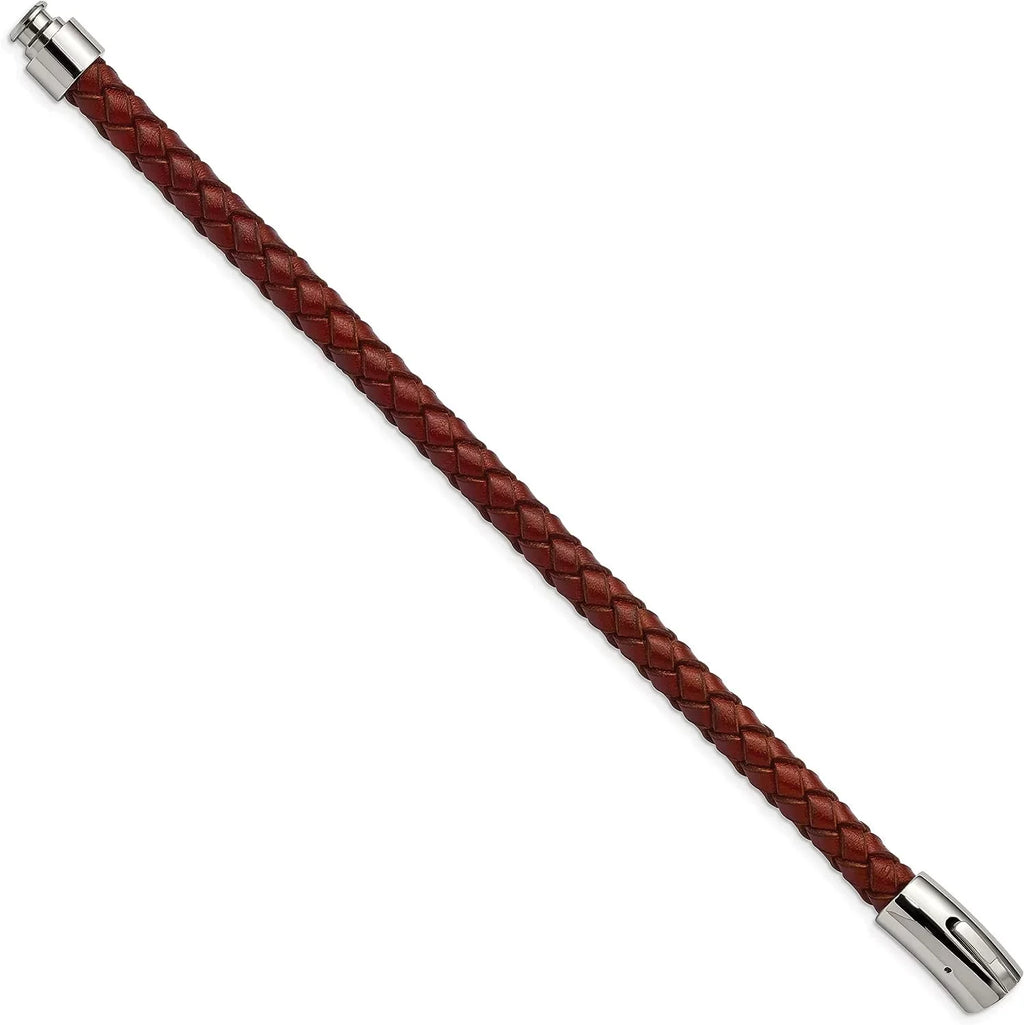 Chisel Stainless Steel Polished Brown Braided Leather Bracelet - 8.5"