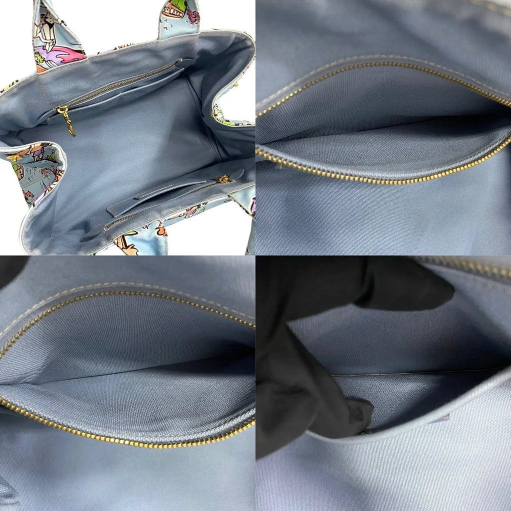 Pre-Owned PRADA Prada Triangle Canapa Surfing Pattern Canvas Handbag Tote Bag Blue Multicolor 25905 (Good)
