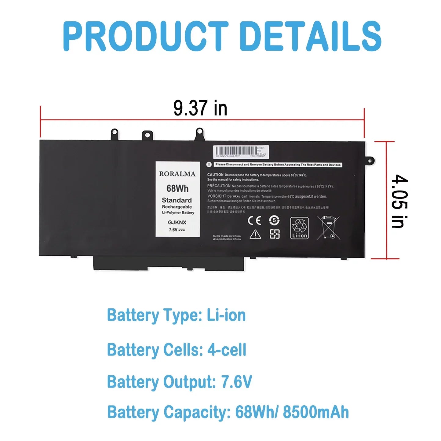 GJKNX Laptop Battery 68Wh for Dell Latitude 5480 5580 5280 5288 5488 5590 5591 5490 5491 5495 E5480 E5580 E5490 E5590, Dell Precision 15 3520 3530 Series Notebook GD1JP DY9NT 5YHR4 451-BBZG