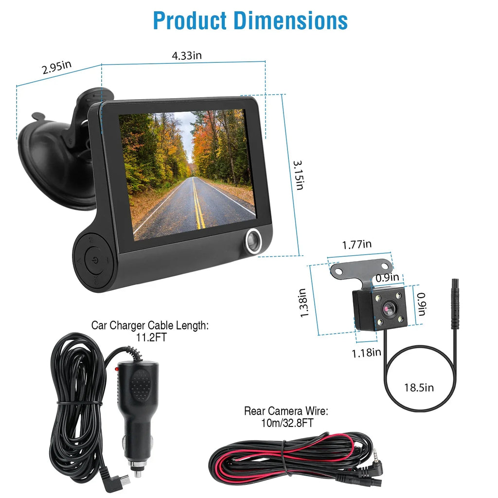 iMounTEK Car Recorder, FHD 1080P 4in Touch Screen Car DVR Dash Camera 3 Lens Vehicle Driving Recorder Seamless Loop Recording with 32.8ft Rear Camera Wire, Black