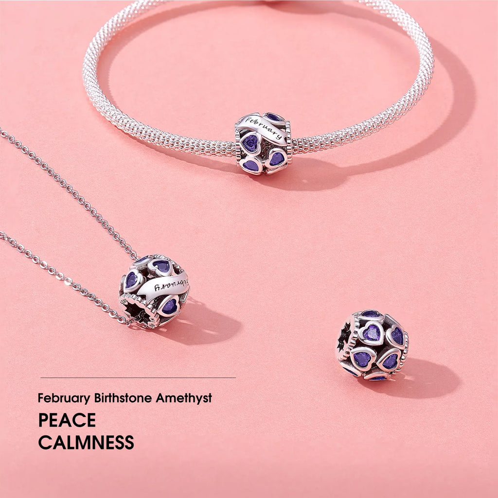 NINGAN February Birthstone Charms for Pandora Bracelets 925 Sterling Silver Love Heart Openwork Bead Charms