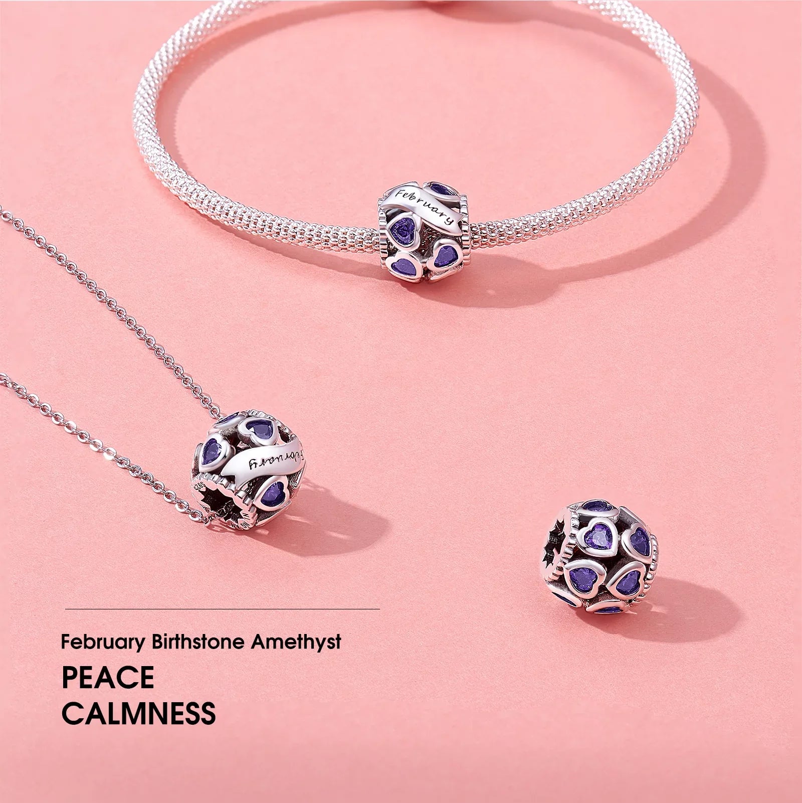 NINGAN February Birthstone Charms for Pandora Bracelets 925 Sterling Silver Love Heart Openwork Bead Charms