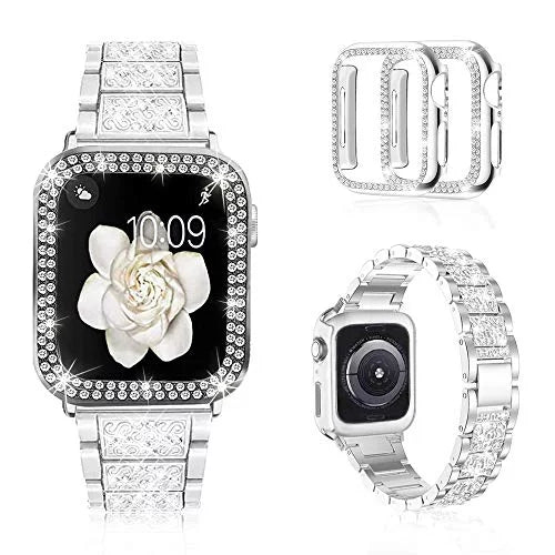 Mosonio Fitting with Apple Watch Band 42mm with Case Women, Jewelry Replacement Metal Wristband Strap with 2 Pack Bling PC Protective Protection for iWatch Series 3/2/1(Silver) Silver 42 mm