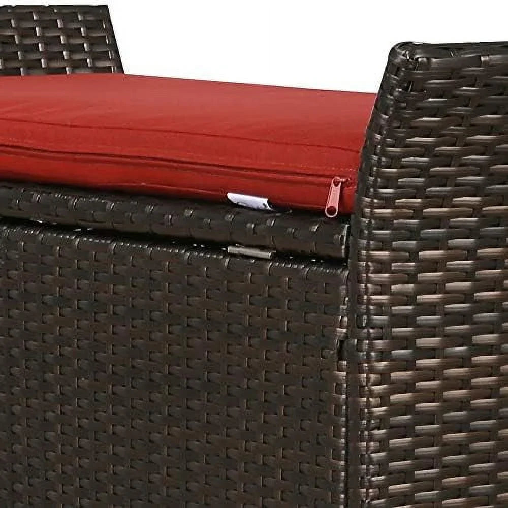 YPZBBOOM Outdoor Deck Box Patio Wicker Bench Rattan Bins with Cushion (Red)