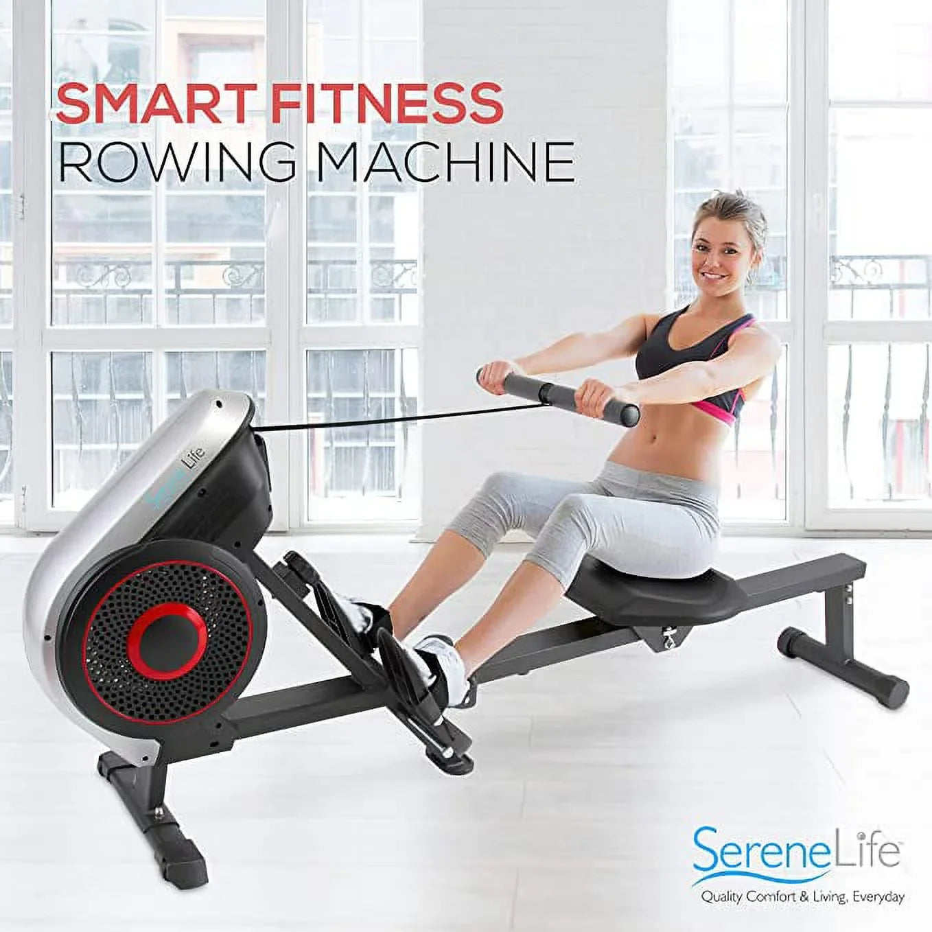 SereneLife Rowing Machine Air and Magnetic Rowing Machine Rowing Exercise Machine for Gym, Selectable Resistance (8) Levels (Black)