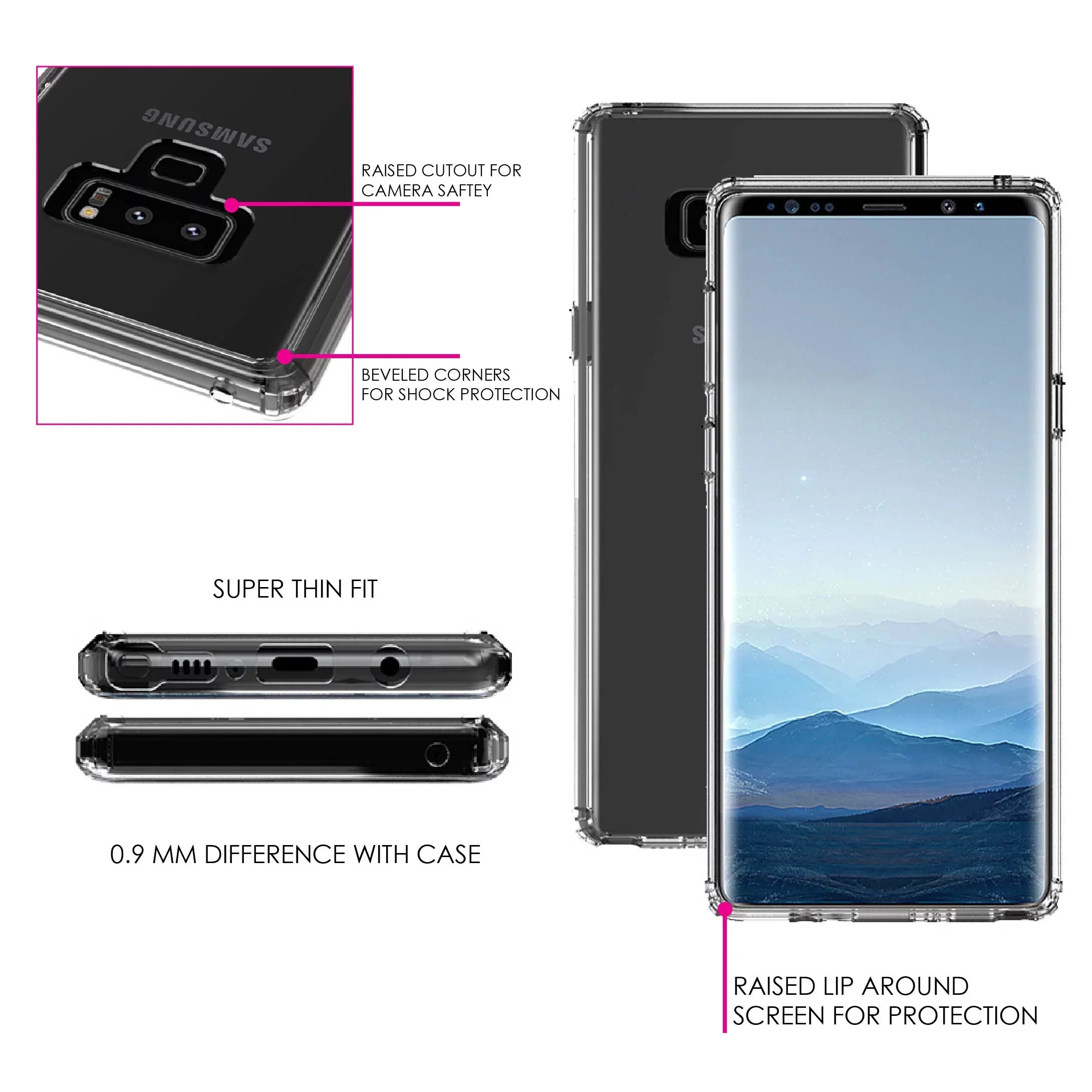 DistinctInk Clear Shockproof Hybrid Case for Samsung Galaxy Note 9 - TPU Bumper, Acrylic Back, Tempered Glass Screen Protector - Faith / Hope / Love - Black & White - Christ