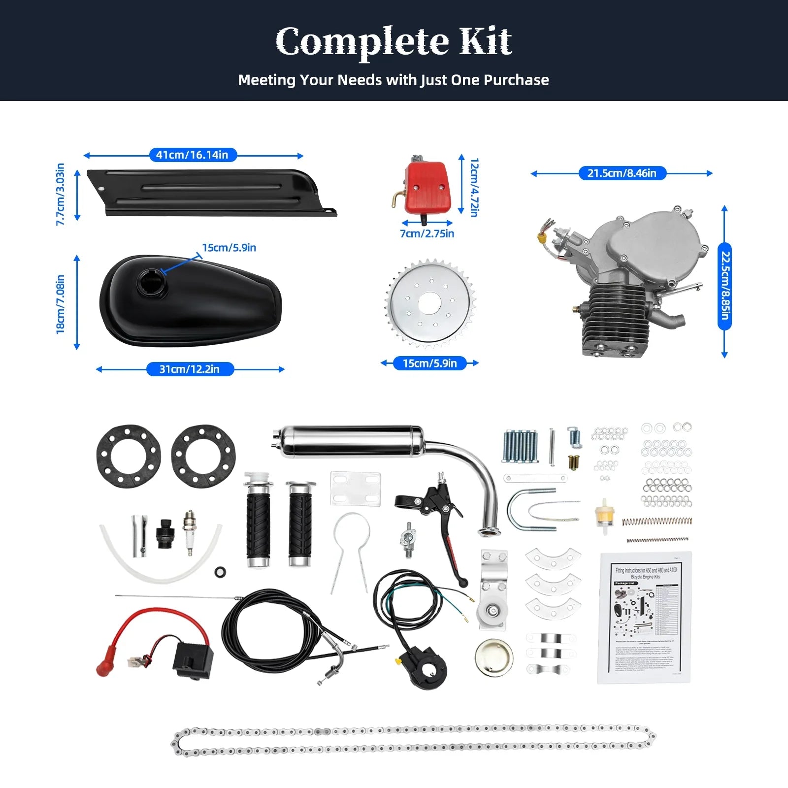 Miumaeov Bicycle Engine Kit 100CC 2 Stroke Bicycle Motorized Petrol Gas Engine Kit Full Set for Most 26" /28" Bike