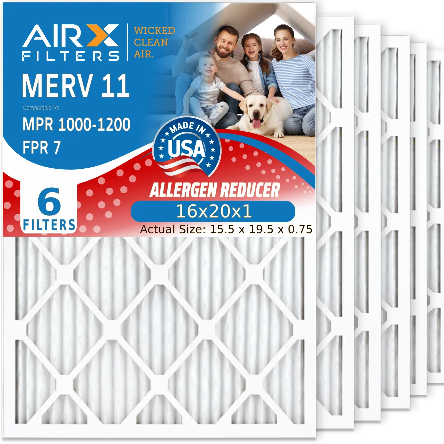 16x20x1 Air Filter MERV 11 Comparable to MPR 1000, MPR 1200 & FPR 7 Electrostatic Pleated Air Conditioner Filter 6 Pack HVAC Premium USA Made 16x20x1 Furnace Filters by AIRX FILTERS WICKED CLEAN AIR.