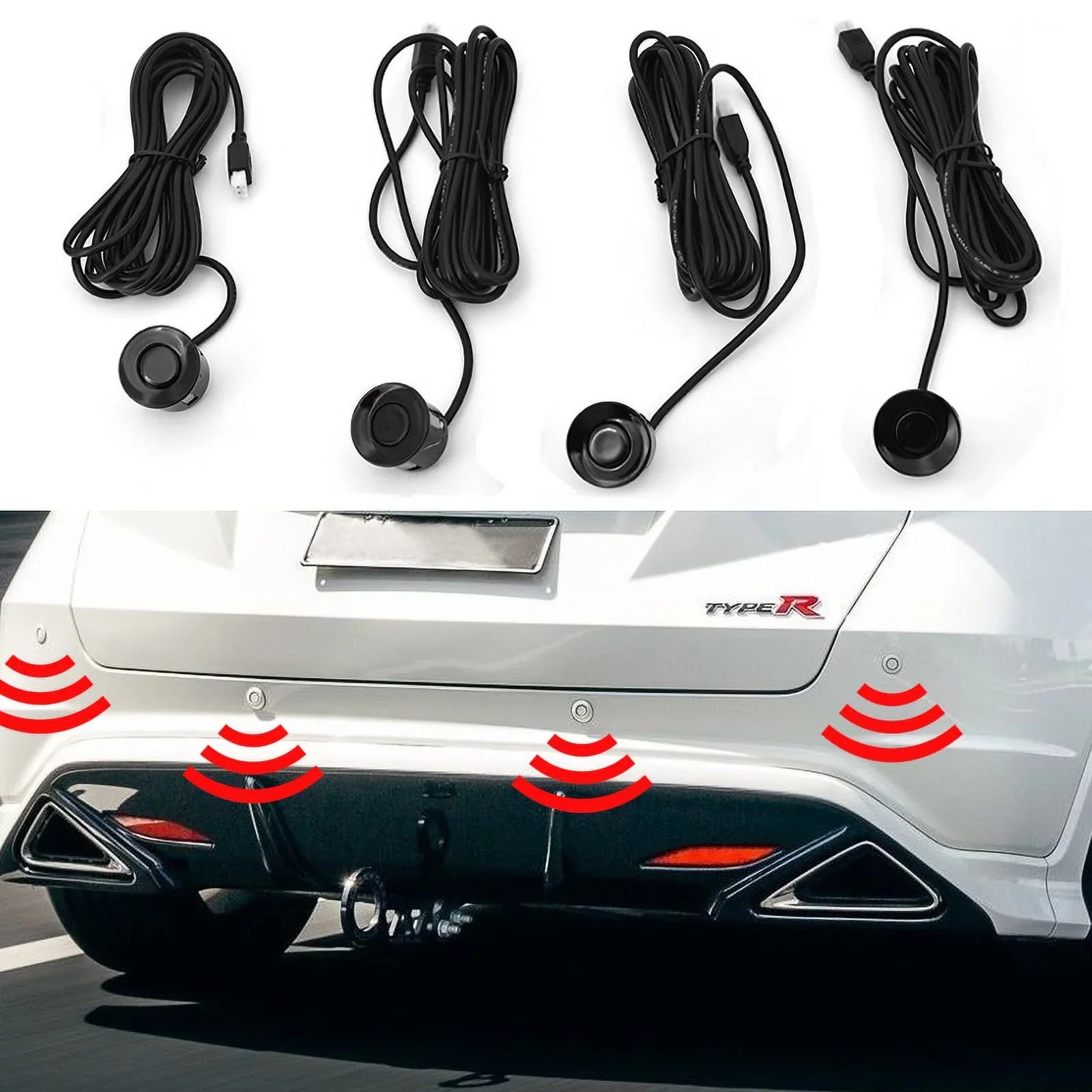 Car Reverse Backup Parking Sensor Radar System, Buzzer beeps, Detection Distance:30~150CM, Waterproof Sensors (22mm Diameter 2.3M Cable) 4 Packs X60D (Black)