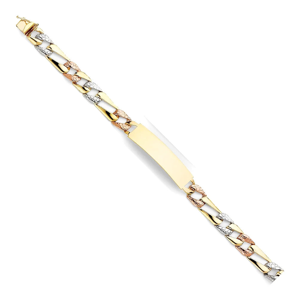 14k Tri Color Gold Stamp Figaro Link ID Bracelet - 8" | Elegant 14KY Gold Chain Bracelets for Women and Men| Weight 13.5 | Men’s Jewelry for Gift
