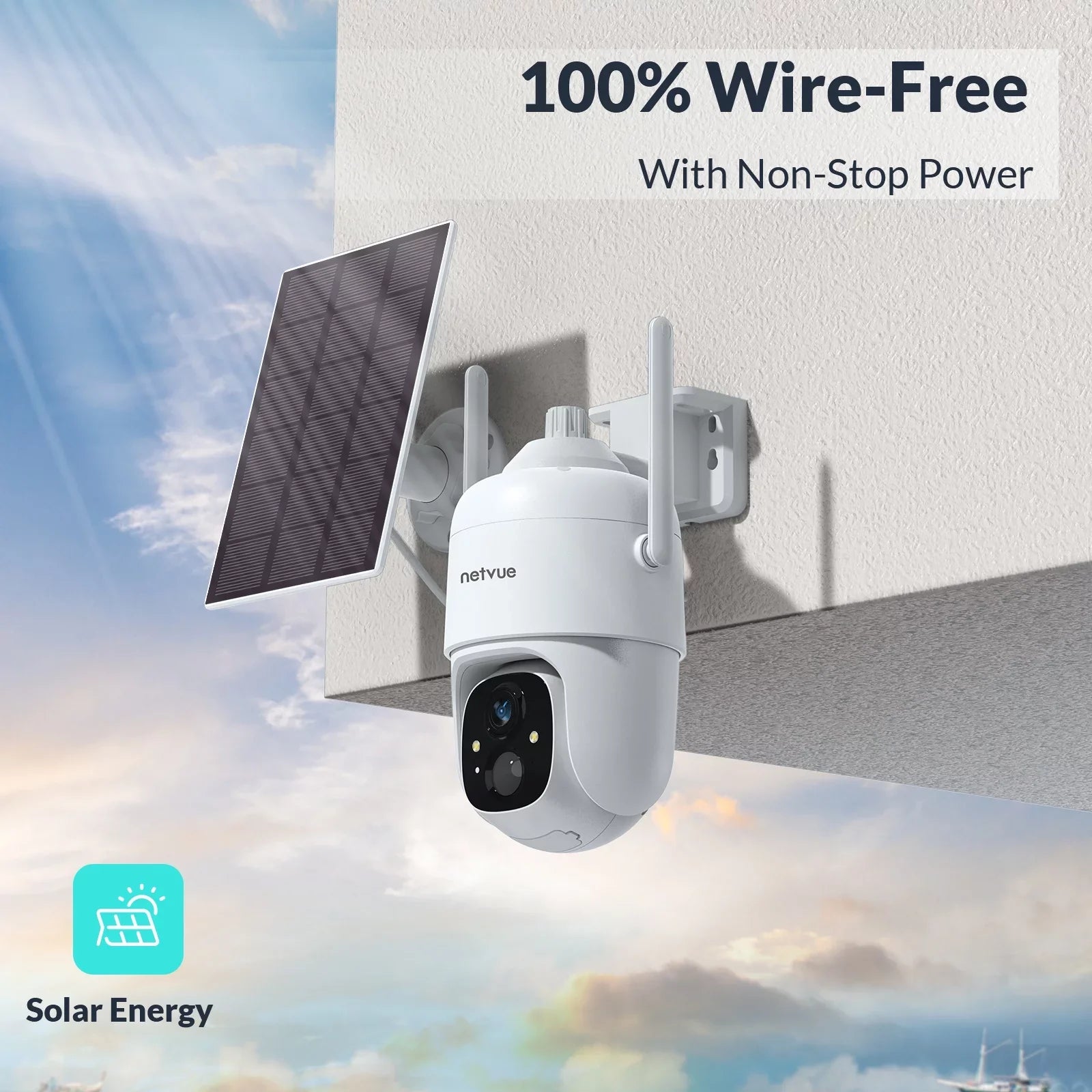 NETVUE Solar Security Cameras Wireless Outdoor 3MP Camera 2.4G WiFi 360° View PTZ. Strobe Light/Spotlight Home Security System with Motion Detection and Siren