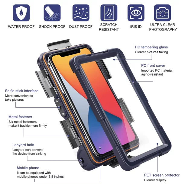 UrbanX Professional [15m/50ft] Swimming Diving Surfing Snorkeling Photo Video Waterproof Protective Case Underwater Housing for Sonim XP8 And all Phones Up to 6.9 Inch LCD with Lanyard