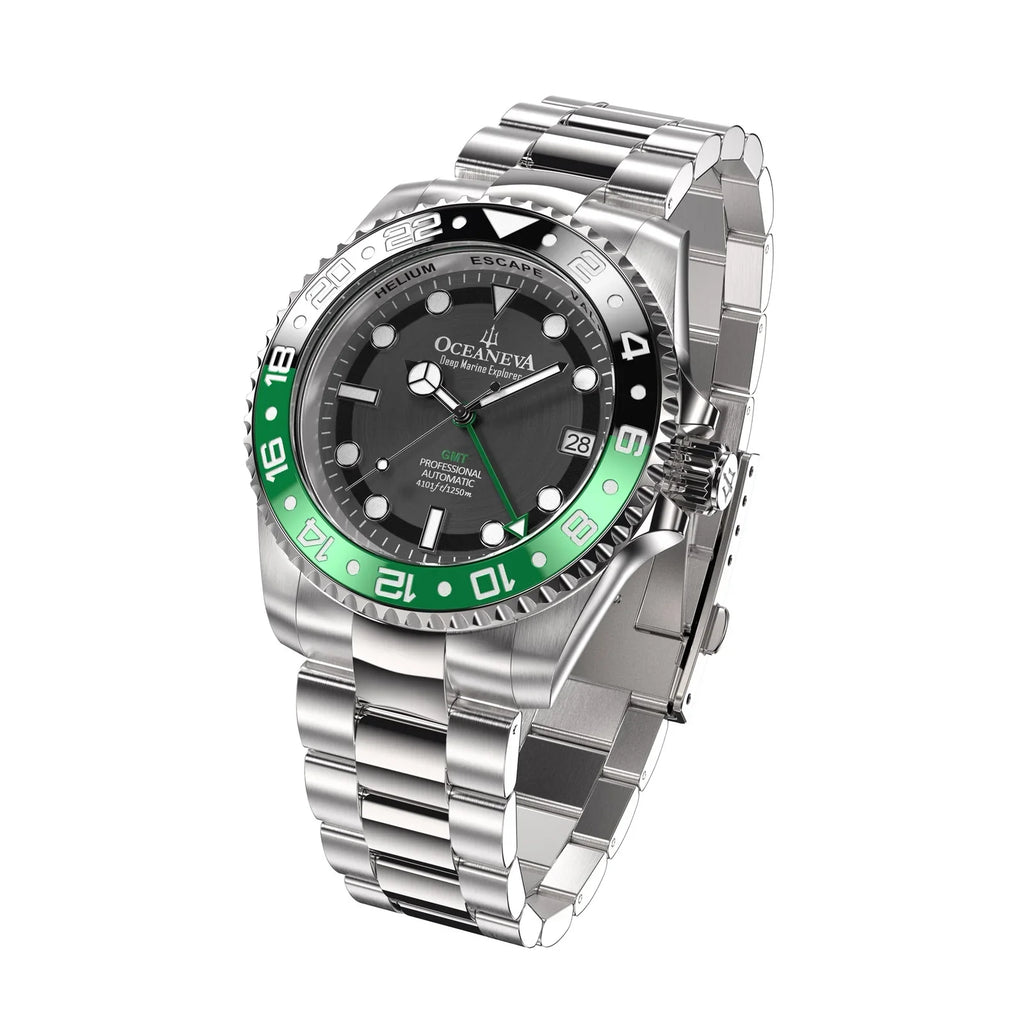 Oceaneva™ GMT Deep Marine Explorer Pro Diver Black Green Bezel Watch - Screw Down with Triple Seal Case Back - 1250M Water Resistance - Japan Automatic Movement Dive Swimming Wrist Watches For Men