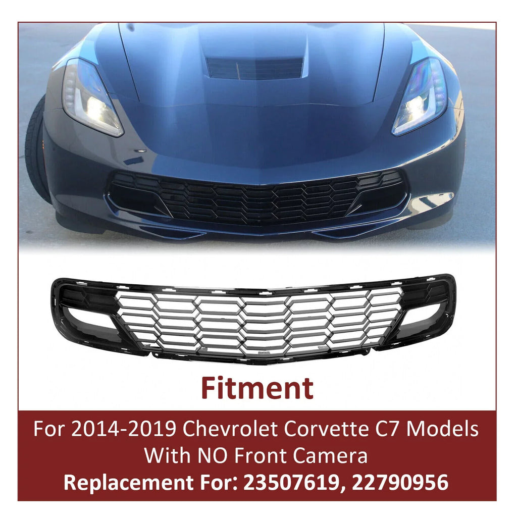 Kojem Front Lower Grille for 2014-2019 Chevrolet Corvette C7 All Models Z06 Style Bumper Protection Painted Glossy Black Plastic (W/O Front Camera Bracket)