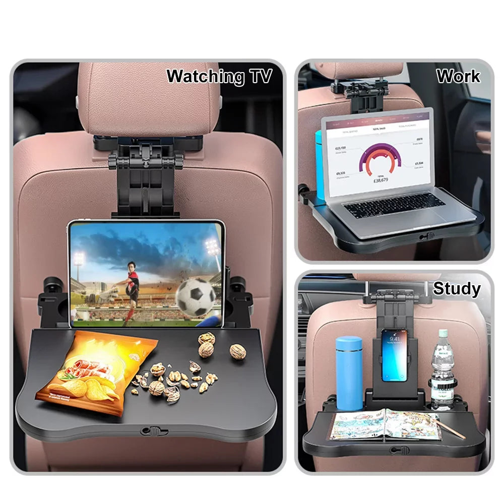 Nebublu Adjustable Car Seat Travel Table, Multifunctional Foldable Back Seat Food Tray with Phone Holder， Black
