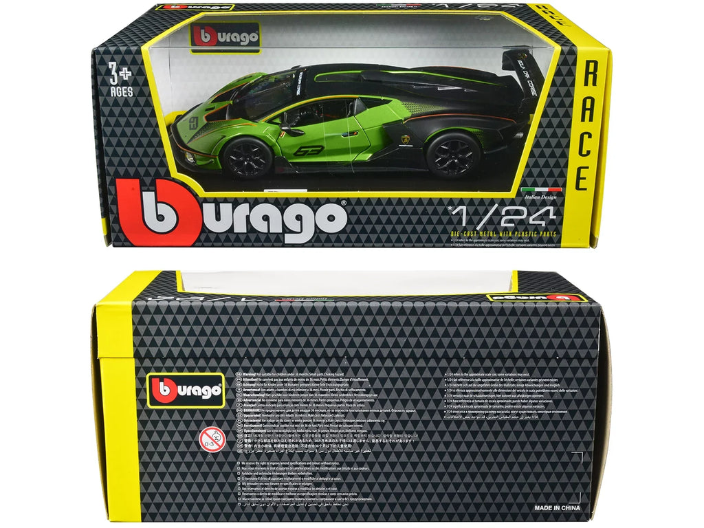 Lamborghini Essenza SCV12 #63 Green Metallic and Black "Squadra Corse" "Race" Series 1/24 Diecast Model Car by Bburago