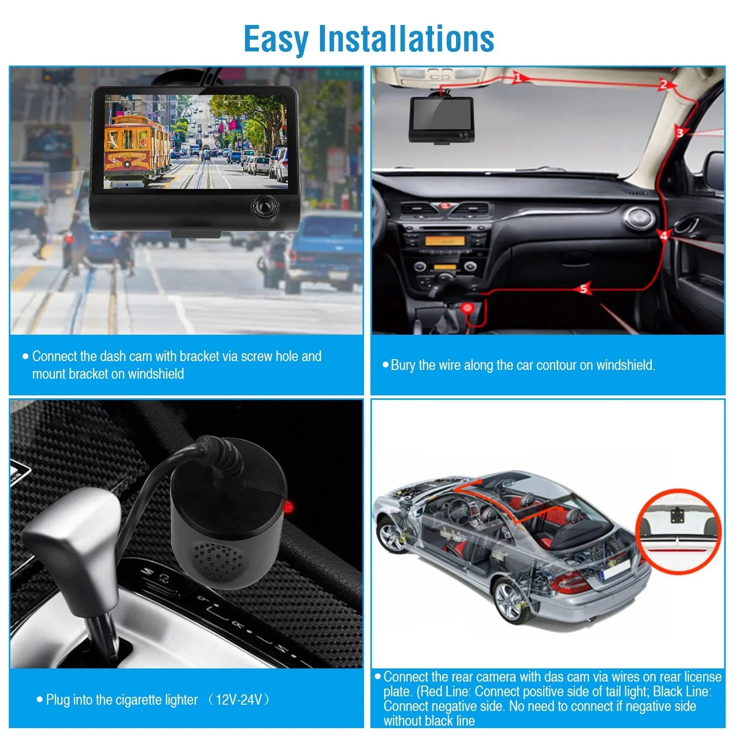 iMounTEK Car Recorder, FHD 1080P 4in Touch Screen Car DVR Dash Camera 3 Lens Vehicle Driving Recorder Seamless Loop Recording with 32.8ft Rear Camera Wire, Black