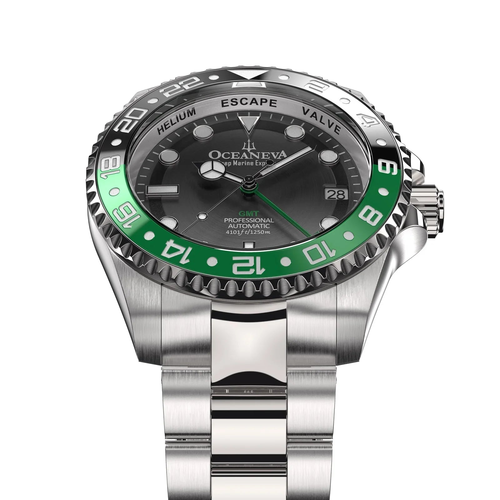Oceaneva™ GMT Deep Marine Explorer Pro Diver Black Green Bezel Watch - Screw Down with Triple Seal Case Back - 1250M Water Resistance - Japan Automatic Movement Dive Swimming Wrist Watches For Men