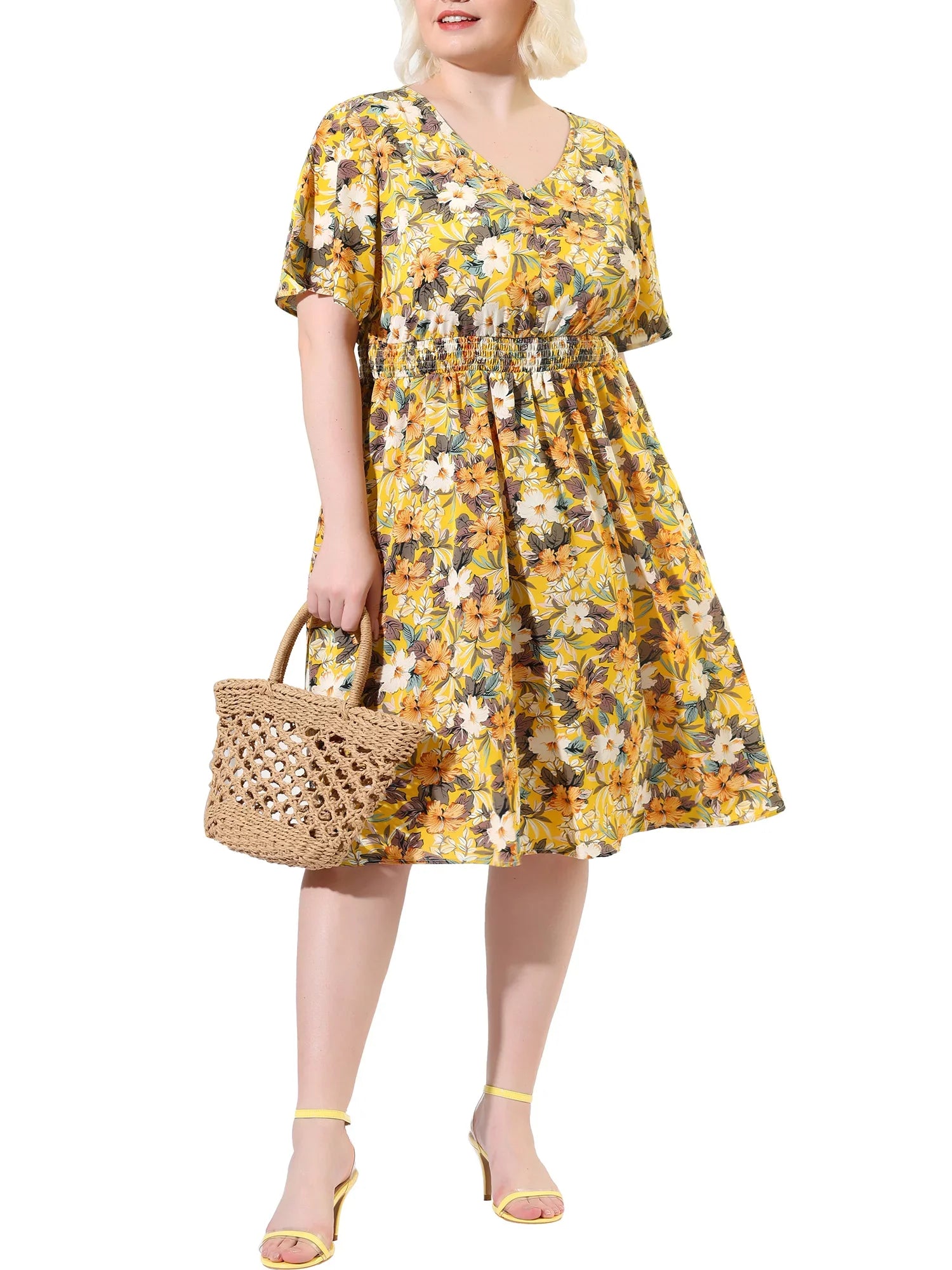 MODA NOVA Juniors' Plus V Neck Floral Print Flare Sleeve Casual Midi Dress Yellow 3X