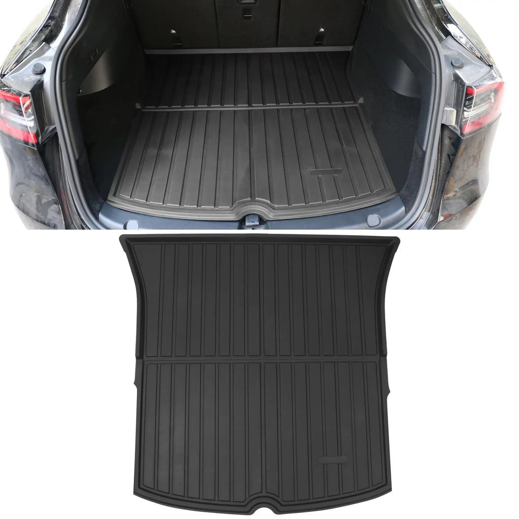 Ikon Motorsports Trunk Mats + Protector Backrest Shield Matching with 2020-2023 Tesla Model Y Black Injection TPE All Condition Waterproof Anti-Slip Frunk Trunk Under Cargo Storage Liner Mat