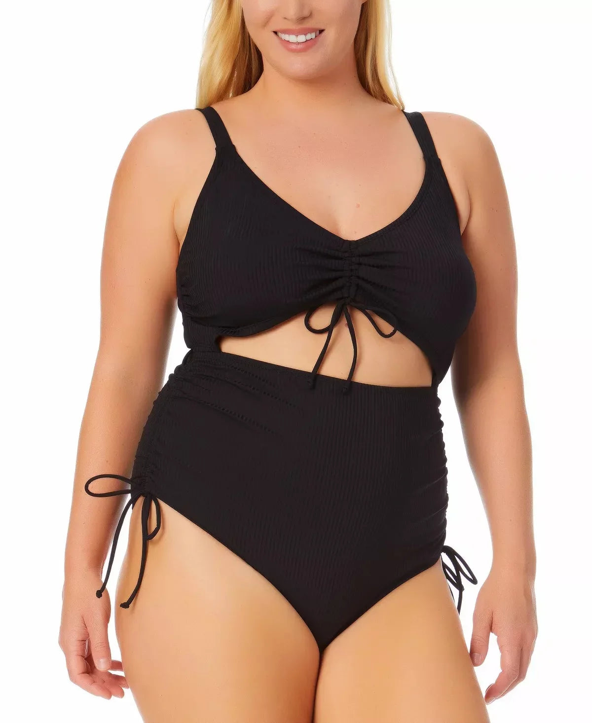 California Waves RICH BLACK Plus Size Ribbed Cutout One-Piece Swimsuit, US 20/22