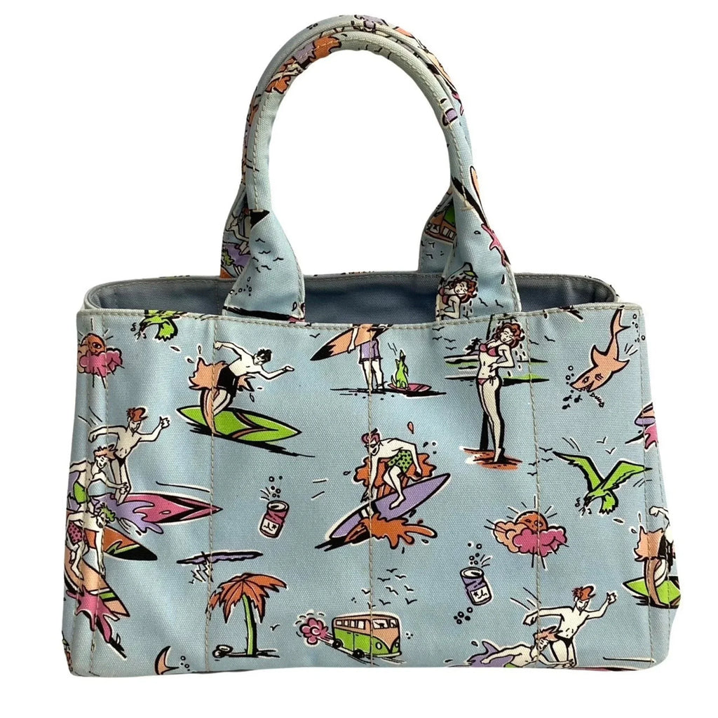 Pre-Owned PRADA Prada Triangle Canapa Surfing Pattern Canvas Handbag Tote Bag Blue Multicolor 25905 (Good)
