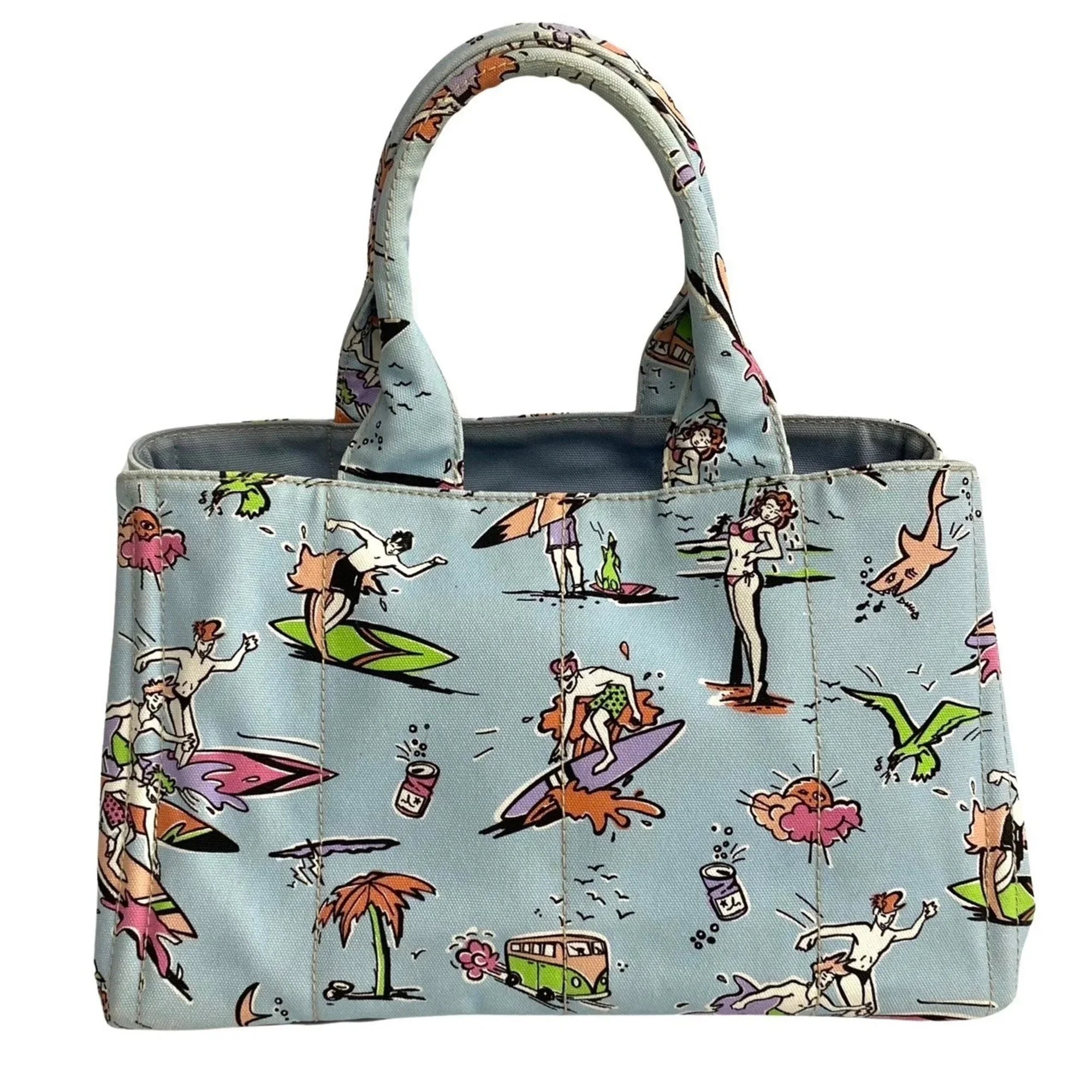 Pre-Owned PRADA Prada Triangle Canapa Surfing Pattern Canvas Handbag Tote Bag Blue Multicolor 25905 (Good)