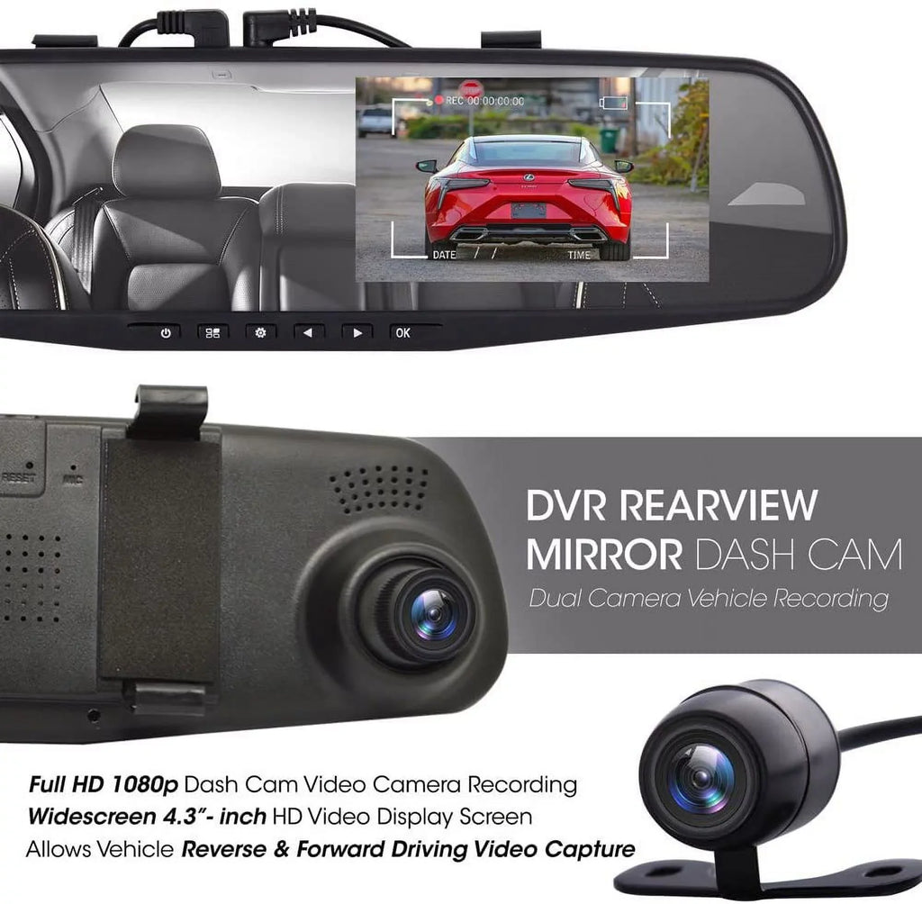 Pyle HD 1080p 4.3" Dual Camera Dash Cam Vehicle Recording System Rearview Mirror