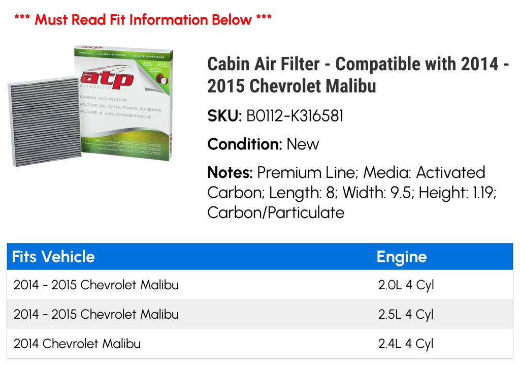 Cabin Air Filter - Matching with 2014 - 2015 Chevy Malibu