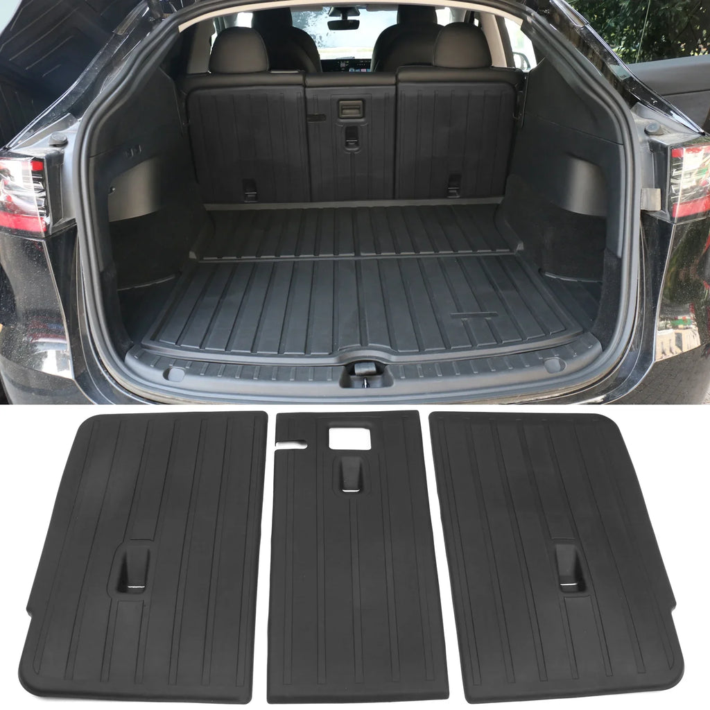 Ikon Motorsports Trunk Mats + Protector Backrest Shield Matching with 2020-2023 Tesla Model Y Black Injection TPE All Condition Waterproof Anti-Slip Frunk Trunk Under Cargo Storage Liner Mat
